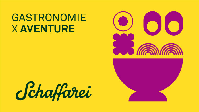 Gastronomie X Aventure Schriftsatz mit gelben Hintergrund und Lila Bowl Symbolen