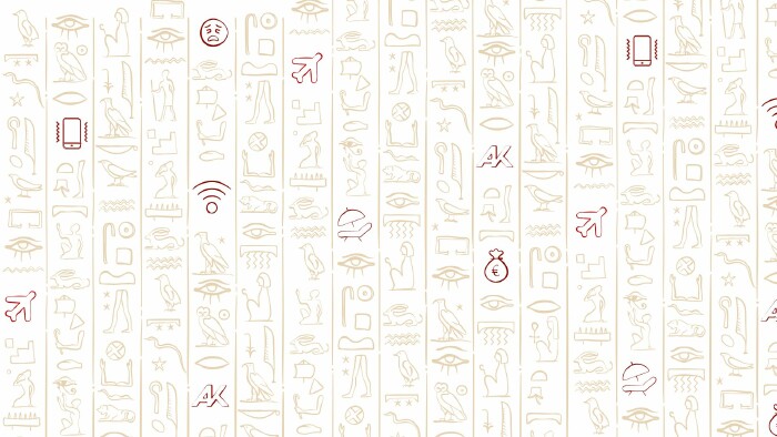 Illustration mit Hieroglyphen, zwischen den klassischen Symbolen befinden sich moderne Icons: ein Handy, Wlan-Signal, ein Liegestuhl, ein Geldsack, das AK Logo