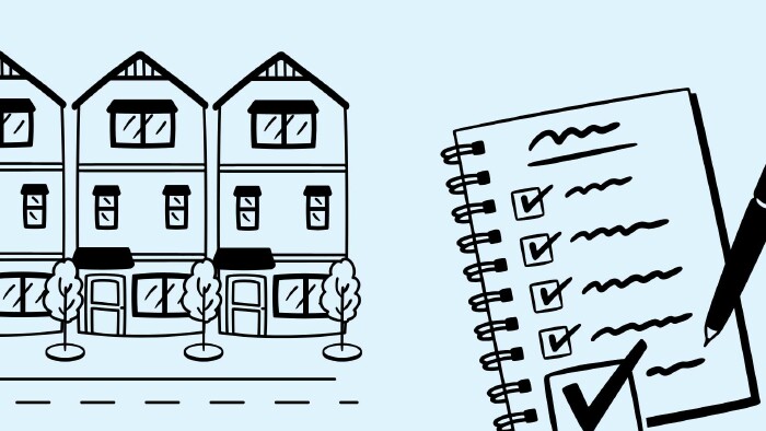 Eine stilisierte, schwarz-wei&szlig;e Illustrationsszene zeigt links mehrere mehrst&ouml;ckige Wohnh&auml;user mit B&auml;umen an der Stra&szlig;e und rechts ein aufgeschlagenes Notizbuch mit abgehakten K&auml;stchen und Stift, sinnbildlich f&uuml;r die To-do-Liste beim Auszug aus der Wohnung.