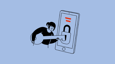 Illustration einer Person, die einen großen Schlüssel in ein Vorhängeschloss auf dem Bildschirm eines Smartphones steckt. Über dem Schloss befinden sich drei rote Balken, die das Logo des Finanzamts darstellen. 