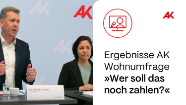 AK Präsident Bernhard Heinzle und AK Expertin Ulrike Stadelmann präsentieren die Ergebnisse der AK Wohnumfrage 2024