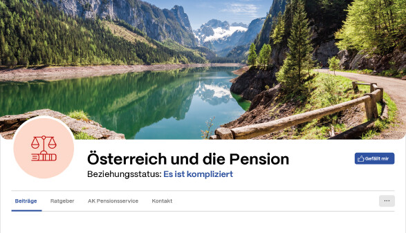 Screenshot im Stil eines Social-Media-Profils mit dem Titel &bdquo;&Ouml;sterreich und die Pension&ldquo;. Das Titelbild zeigt einen idyllischen Bergsee, darunter steht der Untertitel &bdquo;Beziehungsstatus: Es ist kompliziert&ldquo;. Links ist ein Icon mit Justitia-Waage und Gesetzbuch zu sehen.