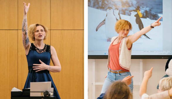 Zweiteilige Bildmontage: Links Vera Prantl-Stock in eleganter Pose im dunkelblauen Kleid bei einer Chorprobe, rechts Vera beim lebhaften Unterricht vor einer Kindergruppe. Beides zeigt sie mit ausdrucksstarker Gestik.