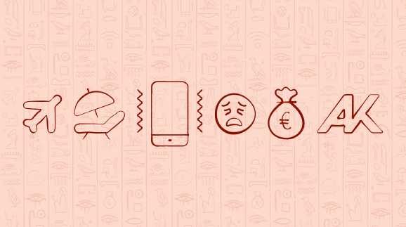 Klassisch Hieroglyphen, davor eine Reihe Emojis: Flugzeug, Liegestuhl, Handy, trauriges Emoji, Geldsack, AK Logo