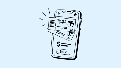 Illustration eines Smartphones mit Flugtickets auf dem Bildschirm und einem &bdquo;Kaufen&ldquo;-Button; symbolisiert Online-Buchung von Reisen und m&ouml;gliche Preisunterschiede je nach Ger&auml;t.