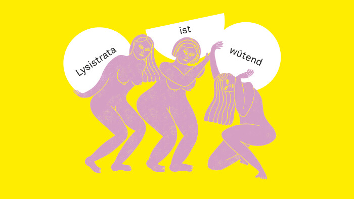 Regisseurin Daniela Egger holt den Gender-Pay-Gap und Mental Load auf die Schaffarei-Bühne im AK Quartier. © AK Grafik von drei antiken Frauen, die schwere Gewichte heben.