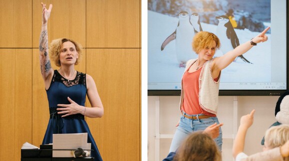 Zweiteilige Bildmontage: Links Vera Prantl-Stock in eleganter Pose im dunkelblauen Kleid bei einer Chorprobe, rechts Vera beim lebhaften Unterricht vor einer Kindergruppe. Beides zeigt sie mit ausdrucksstarker Gestik.