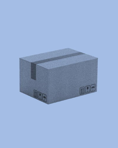 Ein blauer Umzugskarton mit dunklem Klebeband und kleinen Transportsymbolen steht im Stil einer minimalistischen Illustration auf einfarbig hellblauem Hintergrund.