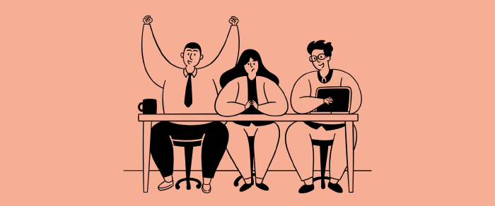 Illustration eines Teams. Drei Personen sitzen an einem Tisch.