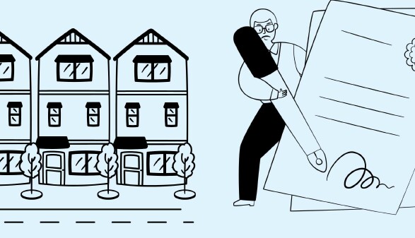 Illustration einer H&auml;userzeile mit drei mehrst&ouml;ckigen Wohnh&auml;usern auf der linken Seite. Rechts daneben eine Person mit Brille, die einen &uuml;berdimensionalen Stift h&auml;lt und ein gro&szlig;es Dokument unterzeichnet. Das Bild symbolisiert das Unterzeichnen eines Mietvertrags.