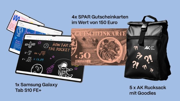 Gewinnspielgrafik mit Abbildungen von AK Rucksack, Spargutschein und Samsung Galaxy Tab S10 FE+