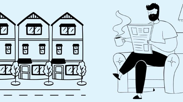 Eine stilisierte, schwarz-wei&szlig;e Illustrationsszene zeigt links mehrere mehrst&ouml;ckige Wohnh&auml;user mit B&auml;umen an der Stra&szlig;e und rechts eine Person, die entspannt auf einem Sessel sitzt, Zeitung liest und eine dampfende Tasse h&auml;lt, sinnbildlich f&uuml;r das Ankommen im neuen Zuhause nach dem Einzug.