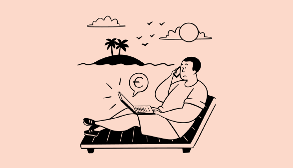 Illustration Mann hält Handy am Strand in der Hand