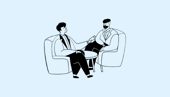 Illustration zweier Personen, die sich in Sesseln gegenübersitzen und miteinander reden