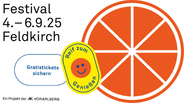 Schaffarei Festival Sujet mit halber Orange und Sticker "Reif zum Genießen"