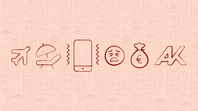 Klassisch Hieroglyphen, davor eine Reihe Emojis: Flugzeug, Liegestuhl, Handy, trauriges Emoji, Geldsack, AK Logo