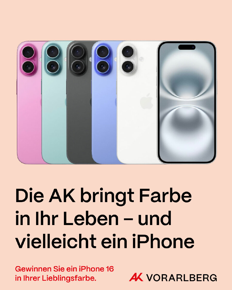 Fünf iPhones 16 in verschiedenen Farben vor lachsfarbenem Hintergrund, dazu Text mit Hinweis auf ein Gewinnspiel der AK Vorarlberg.