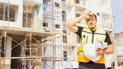 Ein Bauarbeiter wischt sich vor einer Baustelle den Schweiß von der Stirn.