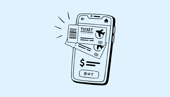 Illustration eines Smartphones mit Flugtickets auf dem Bildschirm und einem &bdquo;Kaufen&ldquo;-Button; symbolisiert Online-Buchung von Reisen und m&ouml;gliche Preisunterschiede je nach Ger&auml;t.
