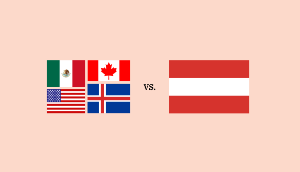 Grafik mit der Aufschrift &bdquo;VS.&ldquo; in der Mitte. Links stehen die Flaggen von Mexiko, Kanada, den USA und Island als Gruppe zusammen. Rechts befindet sich die Flagge von &Ouml;sterreich.