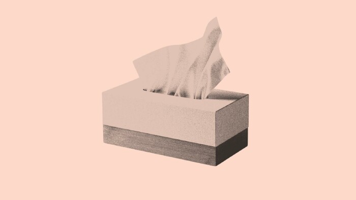 Minimalistische Illustration einer rechteckigen Taschentuchbox in Beige- und Graut&ouml;nen, aus der ein einzelnes Papiertaschentuch herausragt; symbolisiert Erk&auml;ltung oder Allergie wie Heuschnupfen.