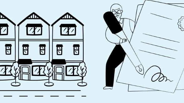 Illustration einer H&auml;userzeile mit drei mehrst&ouml;ckigen Wohnh&auml;usern auf der linken Seite. Rechts daneben eine Person mit Brille, die einen &uuml;berdimensionalen Stift h&auml;lt und ein gro&szlig;es Dokument unterzeichnet. Das Bild symbolisiert das Unterzeichnen eines Mietvertrags.
