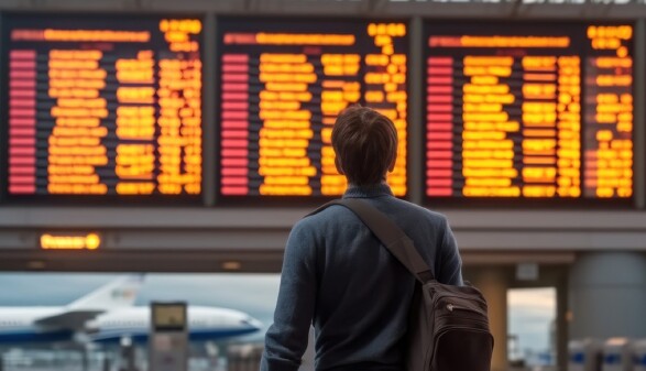 Junger Mann steht am Flughafen