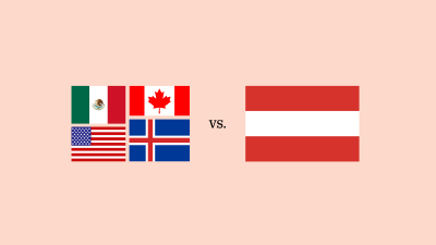 Grafik mit der Aufschrift &bdquo;VS.&ldquo; in der Mitte. Links stehen die Flaggen von Mexiko, Kanada, den USA und Island als Gruppe zusammen. Rechts befindet sich die Flagge von &Ouml;sterreich.