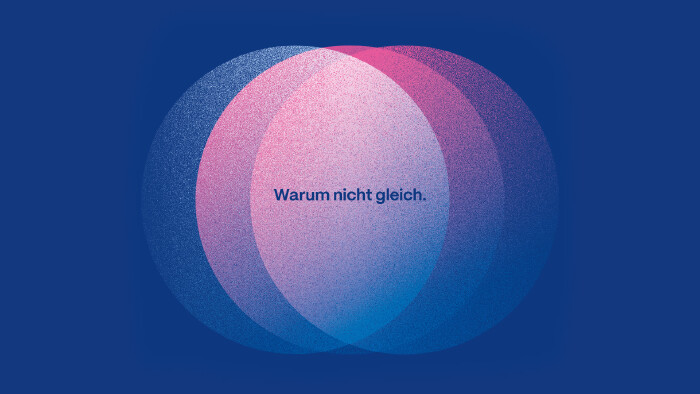 Transparente, versetzt überlagerte Kreise; Text: Warum nicht gleich.