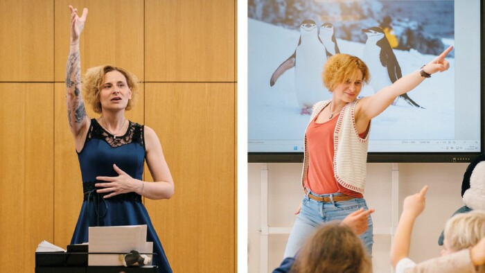 Zweiteilige Bildmontage: Links Vera Prantl-Stock in eleganter Pose im dunkelblauen Kleid bei einer Chorprobe, rechts Vera beim lebhaften Unterricht vor einer Kindergruppe. Beides zeigt sie mit ausdrucksstarker Gestik.