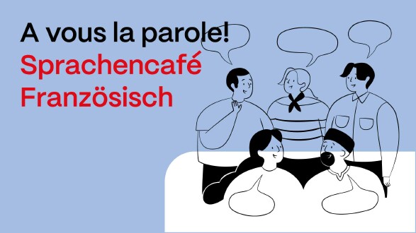 Sprachencafé Franzoesisch mit Illustration von sprechenden Personen