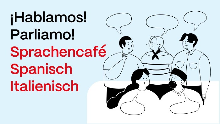 Sprachencafé Franzoesisch mit Illustration von sprechenden Personen