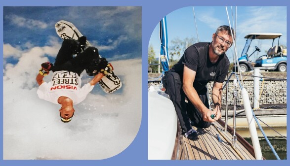 Collage aus Snowboard-Trick in der Luft und handwerklicher Arbeit auf einem Segelboot – Porträt eines Mannes, der vom Extremsportler zum Bootsbauer wurde und heute Segelboote mit Leidenschaft und Präzision fertigt.