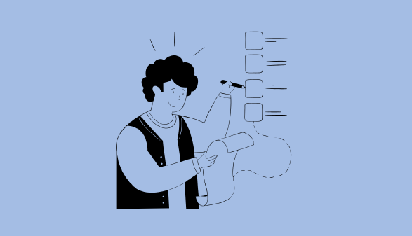  &bdquo;Cartoonartige Illustration einer Person mit lockigem Haar, die eine lange Schriftrolle und einen Stift h&auml;lt. Die Person &uuml;berpr&uuml;ft eine vertikale Checkliste mit vier K&auml;stchen auf der rechten Seite. Drei K&auml;stchen haben Textzeilen daneben, das vierte ist durch eine gestrichelte Linie mit der Schriftrolle verbunden. Hintergrund ist hellblau, die Zeichnung ist in Schwarz-Wei&szlig; gehalten.