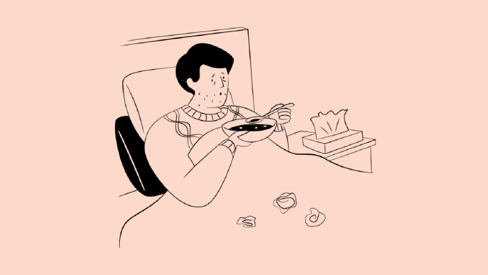 Grafik mit kranker Person im Bett mit Suppe und einem Pack Taschent&uuml;cher