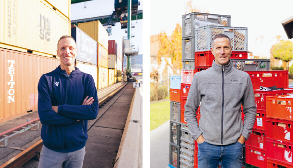 Das linke Portr&auml;t zeigt Robert Sch&ouml;rgenhofer auf einem Beitriebsgel&auml;nde, im Hintergrund sind T&uuml;rme aus Frachtcontainern zu sehen. Das rechte Portr&auml;t zeigt Robert Sch&ouml;rgenhofer bei der Ausgabestelle des Tischlein Deck Dich, im Hintergrund sind viele gestapelte Kisten mit Lebensmitteln zu sehen.