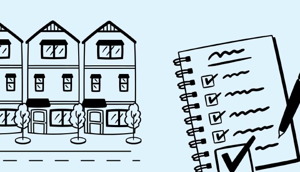 Eine stilisierte, schwarz-wei&szlig;e Illustrationsszene zeigt links mehrere mehrst&ouml;ckige Wohnh&auml;user mit B&auml;umen an der Stra&szlig;e und rechts ein aufgeschlagenes Notizbuch mit abgehakten K&auml;stchen und Stift, sinnbildlich f&uuml;r die To-do-Liste beim Auszug aus der Wohnung.