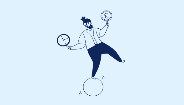 Das Bild zeigt eine Grafik eines Mannes, der auf einem runden Ball balanciert und dabei einen Ball mit einer darauf abgebildeten Uhr und einen Ball mit einem darauf abgebildeten Euro-Symbol in den H&auml;nden h&auml;lt.