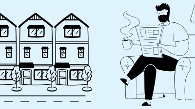 Eine stilisierte, schwarz-wei&szlig;e Illustrationsszene zeigt links mehrere mehrst&ouml;ckige Wohnh&auml;user mit B&auml;umen an der Stra&szlig;e und rechts eine Person, die entspannt auf einem Sessel sitzt, Zeitung liest und eine dampfende Tasse h&auml;lt, sinnbildlich f&uuml;r das Ankommen im neuen Zuhause nach dem Einzug.