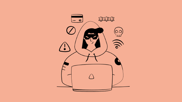 Eine minimalistische Schwarz-Wei&szlig;-Illustration auf lachsfarbenem Hintergrund. Sie zeigt eine Person (&bdquo;Hacker&ldquo;) mit Kapuzenpullover und Maske an einem Laptop. Um die Figur herum schweben verschiedene Symbole, die Phishing und Datendiebstahl symbolisieren: eine Kreditkarte, ein Warnschild, ein Totenkopf, ein WLAN-Symbol und ein Feld mit Sternchen f&uuml;r ein Passwort.
