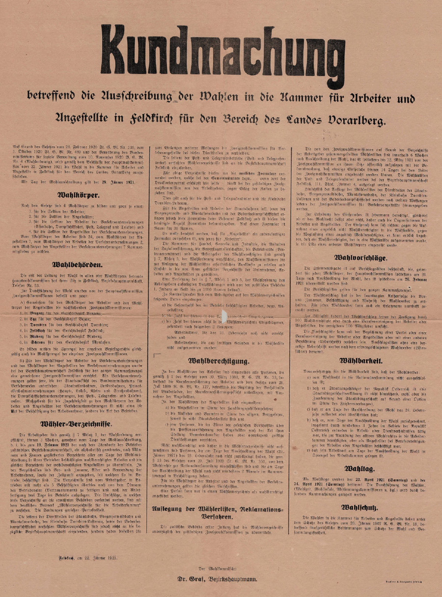Kundmachung der ersten Arbeiterkammerwahlen 1921. © Stadtarchiv Bregenz