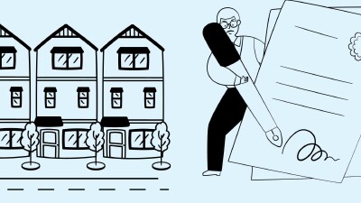 Illustration einer H&auml;userzeile mit drei mehrst&ouml;ckigen Wohnh&auml;usern auf der linken Seite. Rechts daneben eine Person mit Brille, die einen &uuml;berdimensionalen Stift h&auml;lt und ein gro&szlig;es Dokument unterzeichnet. Das Bild symbolisiert das Unterzeichnen eines Mietvertrags.
