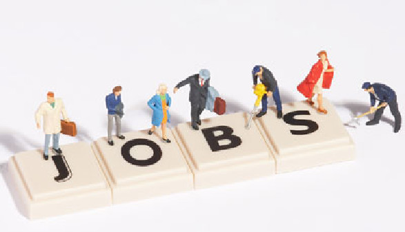 "JOBS" - Schriftzug, darauf stehen kleine Arbeiter Figuren!