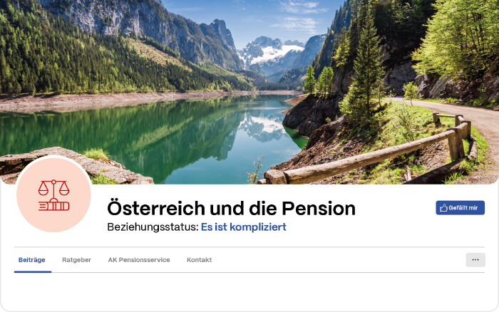 Screenshot im Stil eines Social-Media-Profils mit dem Titel &bdquo;&Ouml;sterreich und die Pension&ldquo;. Das Titelbild zeigt einen idyllischen Bergsee, darunter steht der Untertitel &bdquo;Beziehungsstatus: Es ist kompliziert&ldquo;. Links ist ein Icon mit Justitia-Waage und Gesetzbuch zu sehen.