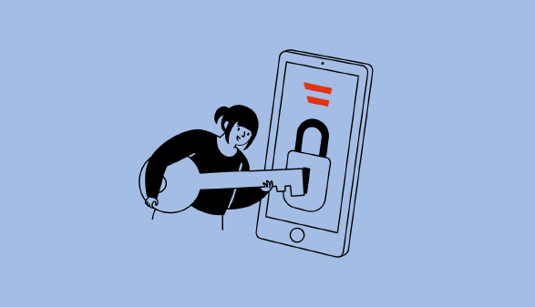 Illustration einer Person, die einen großen Schlüssel in ein Vorhängeschloss auf dem Bildschirm eines Smartphones steckt. Über dem Schloss befinden sich drei rote Balken, die das Logo des Finanzamts darstellen. 