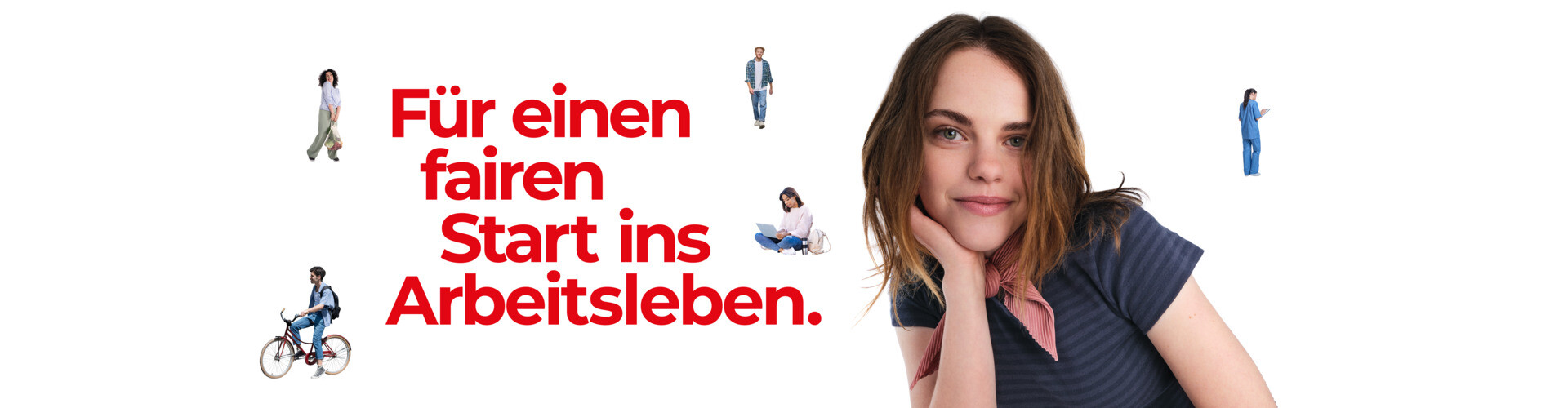 Junge Frau lächelt vor weißem Hintergrund in die Kamera. Neben ihr der rote Schriftzug: Für einen fairen Start ins Arbeitsleben.