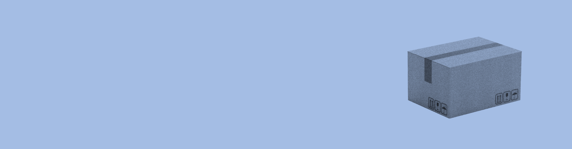 Ein blauer Umzugskarton mit dunklem Klebeband und kleinen Transportsymbolen steht im Stil einer minimalistischen Illustration auf einfarbig hellblauem Hintergrund.