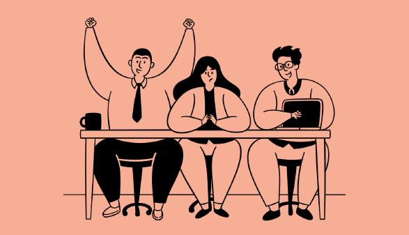 Illustration eines Teams. Drei Personen sitzen an einem Tisch.