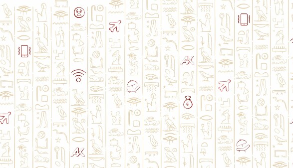 Illustration mit Hieroglyphen, zwischen den klassischen Symbolen befinden sich moderne Icons: ein Handy, Wlan-Signal, ein Liegestuhl, ein Geldsack, das AK Logo