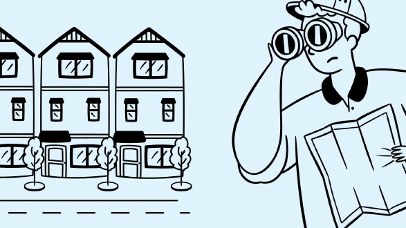 Ein stilisiertes, schwarz-wei&szlig;es Illustrationsbild zeigt links eine Reihe mehrst&ouml;ckiger Wohnh&auml;user mit B&auml;umen entlang der Stra&szlig;e und rechts eine suchende Person mit Fernglas und Stadtplan in der Hand, was die gezielte Wohnungssuche symbolisiert.